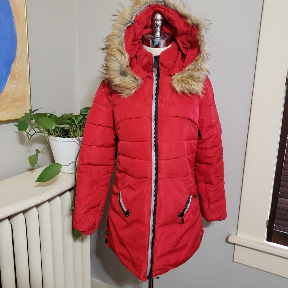 Red puffer coat w/ removable fur hood